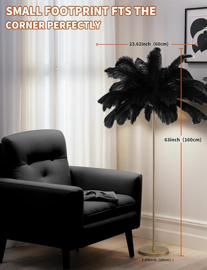 Feather Floor Lamp,Fluffy Ostrich Feather Floor Lamp for Bedroom,3 Color Temperatures Led Corner Modern Floor Lamps for Living Room Christmas Home Decor House Warming Gifts,63″ Height (Black)