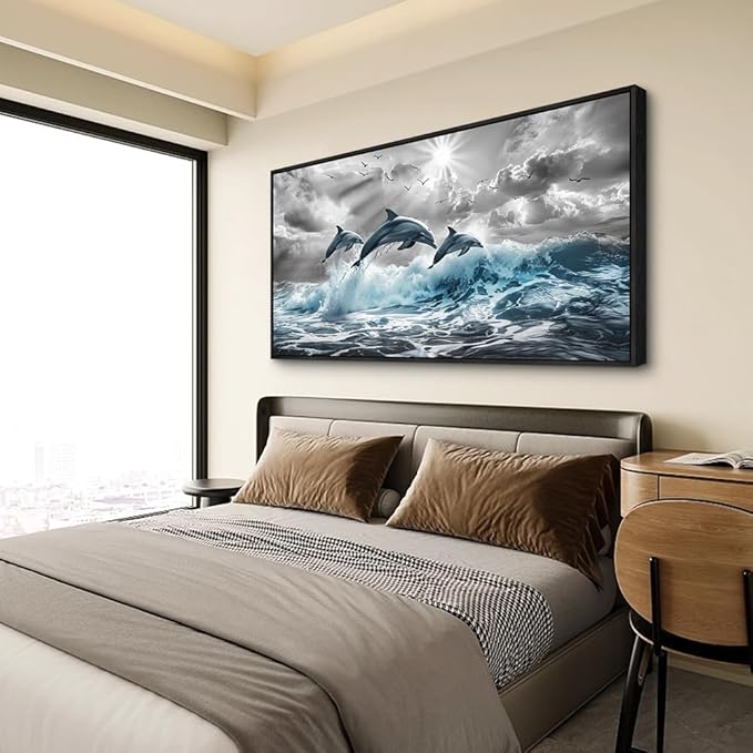hyidecorart Black Framed Wall Art For Living Room Large Wall Decoration For Bedroom Modern Home Decor Office Canvas Art Print Artwork Dolphins Seascape Wall Paintings Blue wave Pictures 30X60