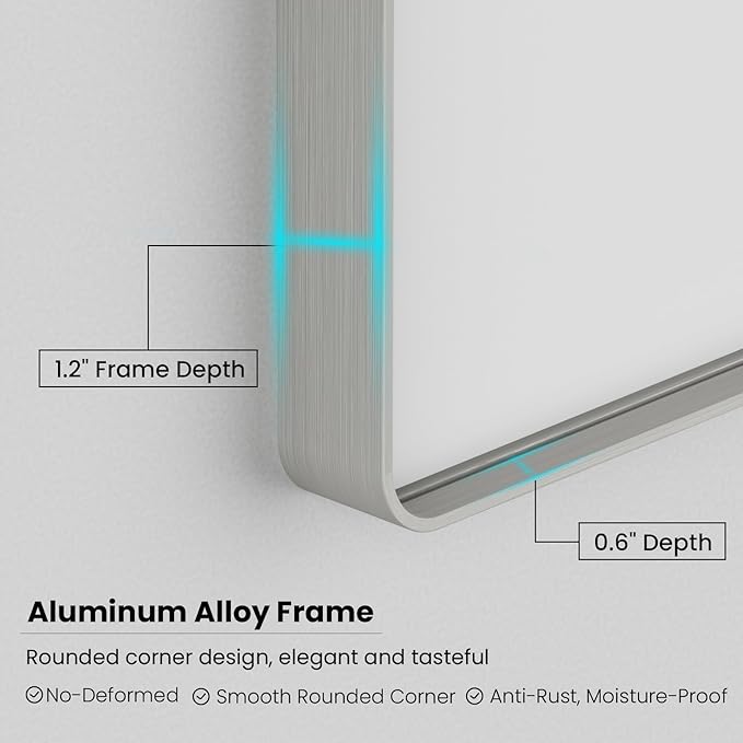 JISOSO Brushed Nickel Bathroom Mirror 48x36 Inch, Brushed Silver Metal Frame Mirror Wall Mounted, Rounded Rectangle Bathroom Vanity Mirror, Tempered Glass, Anti-Rust, Horizontal/Vertical