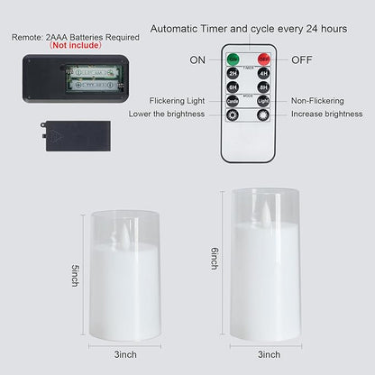 Amagic White Flameless Candles with Remote and Timer, Realistic Flickering Battery Operated Acrylic Led Pillar Fake Candles for Home Wedding Party Fall Christmas Decor, 3"×5" 5" 5" 6" 6" 6" Set of 6