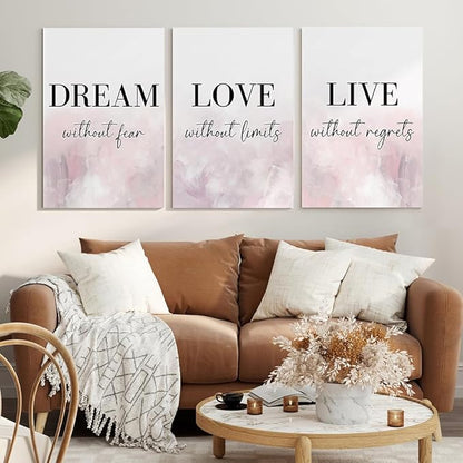 GUBIYU Dream Love Live Quotes Posters Print Set of 3 Pink Purple Love Quotes Wall Art, Dream Without Fear, Live Without Regrets Inspirational Wall Decor 16"X24"