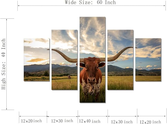Yatsen Bridge 5 Panels Cow Canvas Wall Art Texas Longhorn Wall Decor Painting for Living Room - 60''W x 40''H