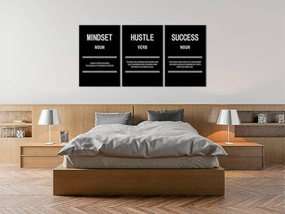 Hustle Mindset Success Motivational Canvas Wall Art for Office 3 Panel Print Inspirational Poster Painting Modern Inspiring Artwork for Home Living Room Gym Decor Ready to Hang [72''Wx 36''H]