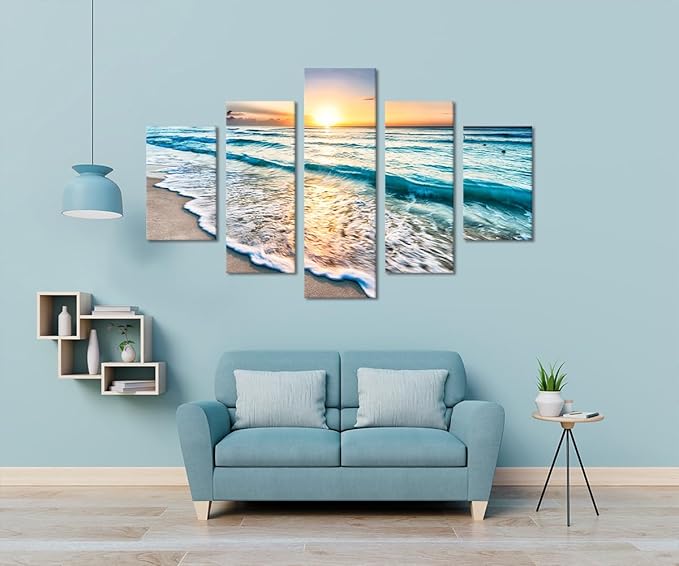 Beautiful Landscape Sunset Beach Ocean Seascape Modern Pictures Painting on Canvas 5 Panels Combination Set Enlarge for Wall Art Living Room Home Decor Framed Stretched (60''W x 40''H)