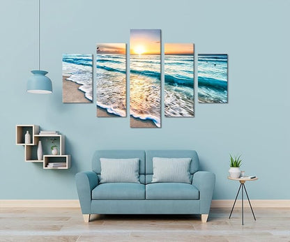 Beautiful Landscape Sunset Beach Ocean Seascape Modern Pictures Painting on Canvas 5 Panels Combination Set Enlarge for Wall Art Living Room Home Decor Framed Stretched (60''W x 40''H)