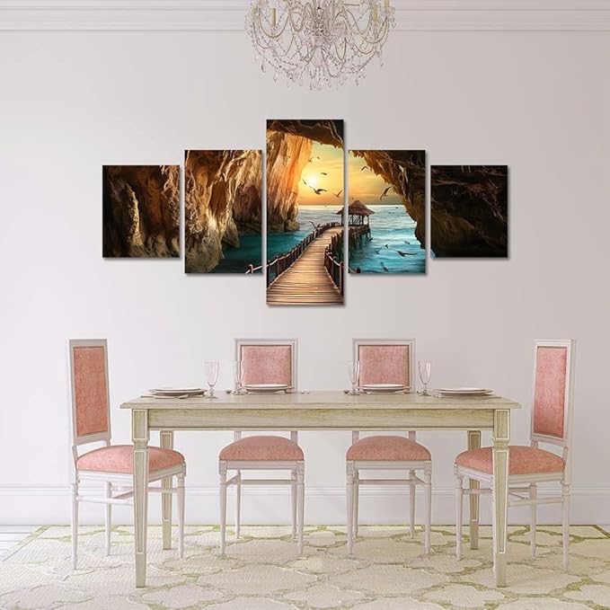 Yatsen Bridge 5 Piece Ocean Sunset Canvas Wall Art Seascape Pictures Seagulls Rock Landscape Home Decor for Living room Bedroom Wall Decoration Framed Ready to Hang - 60''W x 32''H