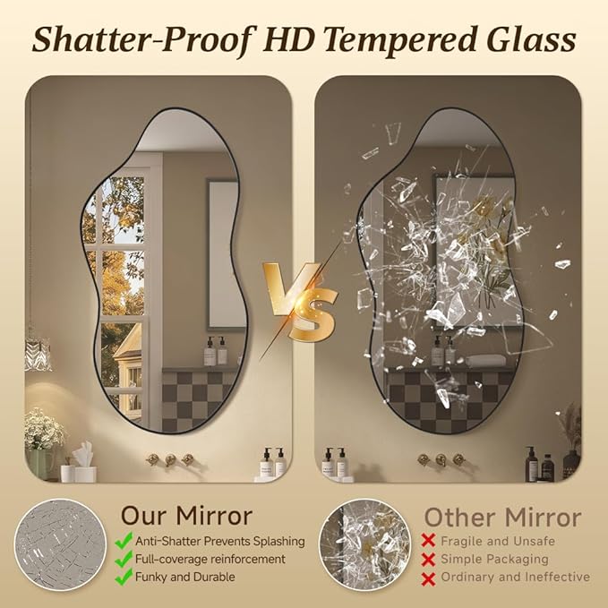 Irregular Asymmetrical Wall Mirror 26x48 Inches - Decorative Tempered Glass with Modern Aluminum Alloy Frame, Black Abstract Cloud Mirror for Bathroom, Bedroom, Living Room, Entryway, Cloakroom