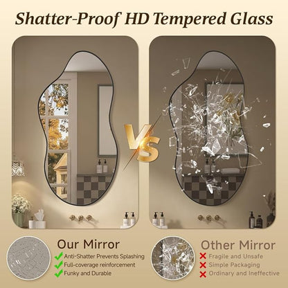 Irregular Asymmetrical Wall Mirror 26x48 Inches - Decorative Tempered Glass with Modern Aluminum Alloy Frame, Black Abstract Cloud Mirror for Bathroom, Bedroom, Living Room, Entryway, Cloakroom