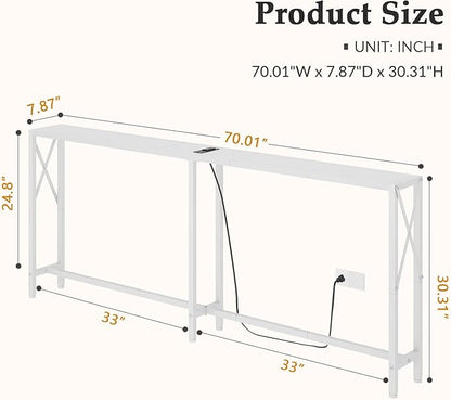 Gewudraw 70 in Skinny Sofa Table Behind Couch, Console Table with Oulets & USB Ports for Hallway, Entryway,Living Room, Bedroom, White