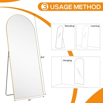 Arched Mirror Full Length, Upgraded 21"x64" Body Wall Mirrors with Shatter-Proof Glass, Floor Standing, Hanging or Leaning, Large Tall Arch Mirror with Stand Aluminum Alloy Frame