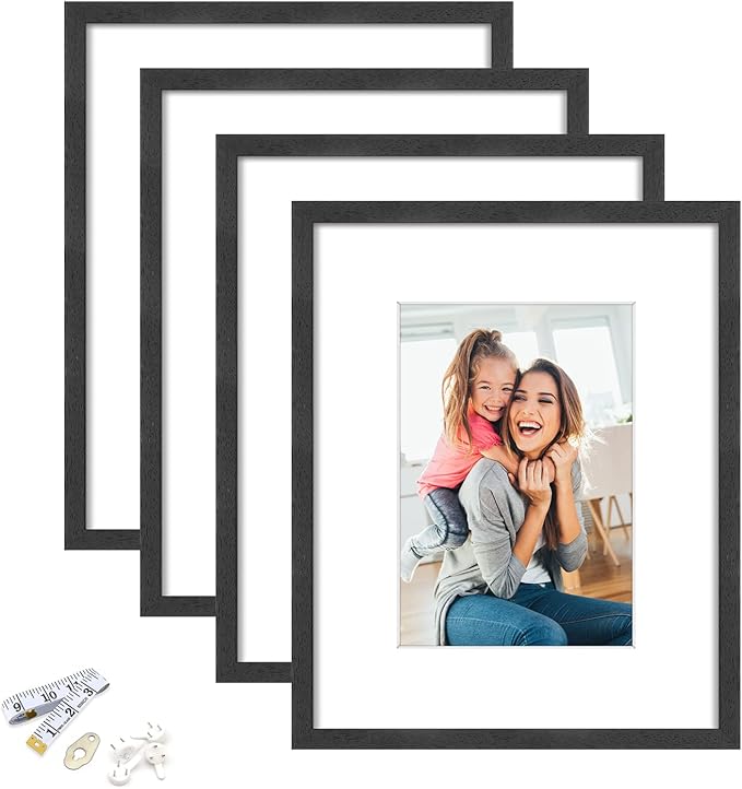 8x10 Picture Frame, Black Wood Photo Frame 5x7 with Mat or 8x10 without Mat with Perspex Glass for Vertical or Horizontal Tabletop Wall Display for Photos, Birthday Christmas Gift, Set of 4