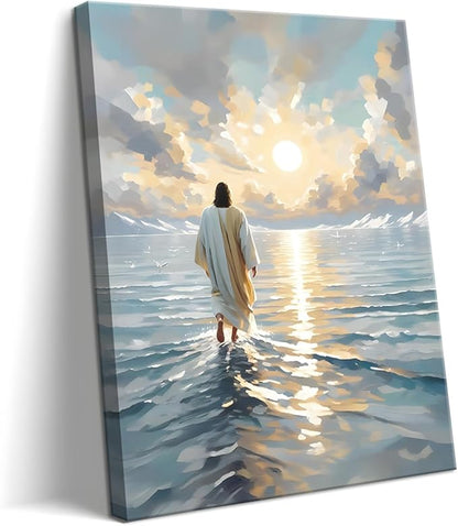 Jesus Canvas Wall Art, Christian Wall Decor of Jesus Walking on Water, Inspirational God Picture for Living Room, Prayer Room or Church, Catholic Religious Artwork – 16"x24" Framed