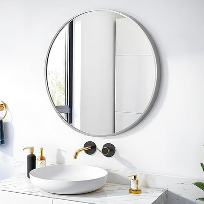 SCWF-GZ 24" Round Mirror Circle Wall Mounted Hanging or Against Wall Aluminum Alloy Metal Frame Dressing Make-up Mirrors for Entryway Bedroom Bathroom Living Room 24 inch Silver