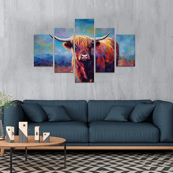 Yatsen Bridge Large Highland Cow Wall Art 5 Panels Graffiti Pictures Canvas Prints Modern Colorful Animal Posters Decor Artwork Living Room Home Office Decoration Framed Ready to Hang - 70''Wx40''H