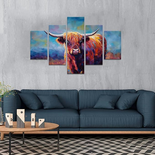 Yatsen Bridge Large Highland Cow Wall Art 5 Panels Graffiti Pictures Canvas Prints Modern Colorful Animal Posters Decor Artwork Living Room Home Office Decoration Framed Ready to Hang - 70''Wx40''H