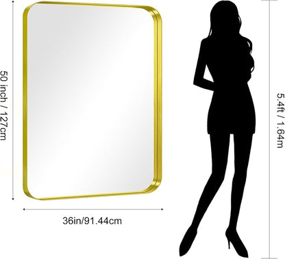 CIRCUMI Gold Bathroom Mirror, 36"x50" Rectangular Mirror with Deep Metal Frame, Rounded Corner, Tempered Glass, Large Mirror for Wall, Over 2 Sinks, Installed Vertically/Horizontally, Crystal-Clear
