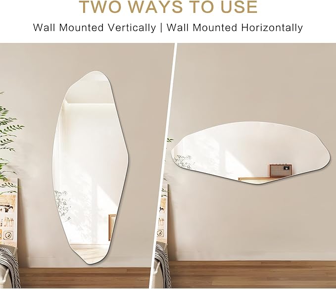 Niccy 61"×24" Frameless Pebble Full Length Mirrors, Long Wall-Mounted Mirror for Living Room, Large Full Body Mirror, Explosion-Proof Tall Hanging-Mirror for Bathroom Bedroom Entryway Decor