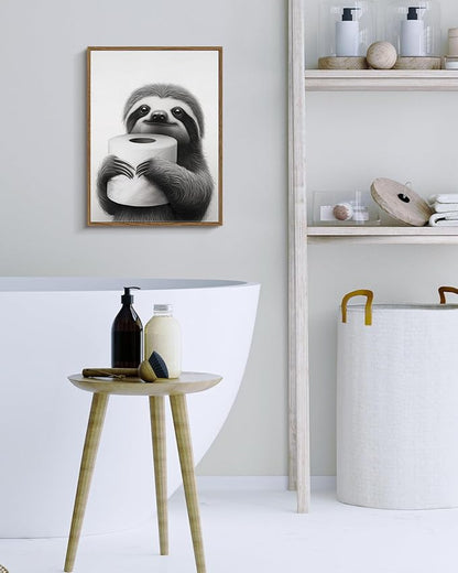 VIYYIEA Framed Canvas Wall Art Home Decor Sloth Wall Art Canvas Prints, Vintage Home Decoration, Animas Painting Picture, Bathroom Wall Decor Gifts for Friends or Family - 16L x 12W
