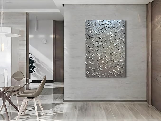 Slyart Handmade 3D Texture Wall Art Modern Abstract Painting 28x40 Inches Minimalist Silver Gray Artwork Oil Painting on Canvas Wall Decor for Living Room Bedroom