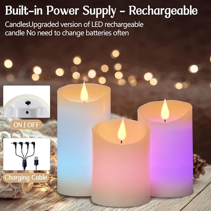 LEDHOLYT Flameless Candle RGB Set, Flickering LED Pillar Real Wax Candle with Remote Control and Timer, Upgraded Blue Flame Heart, Built-in Battery Rechargeable Flameless Candle, 1 Set of 3