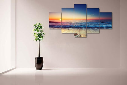 5 Piece Painting on Canvas Wall Art for Living Room Prints and Posters Sunset Beach Sea Waves Landscape Artwork Pictures for Home Decorations Wall Decor Set Framed Ready to Hang (60’’W x 32’’H)