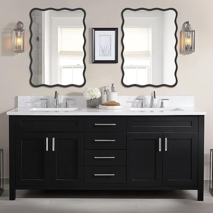 PROHOMEWARE 20 * 28" Black Wavy Rectangular Vanity Bathroom Mirror for Wall Mounted Bedroom Entryway Living Room Farmhouse (Black)