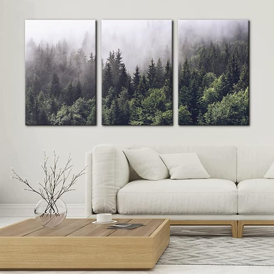 Pacimo Canvas Wall Art Fog Over Pine Tree Forest Nature Wilderness Photography Modern Art Rustic Landscape Relax/Calm Cool for Wall Decor Giclee Artwork Stretch Framed Ready to Hang - 16"x24"x3