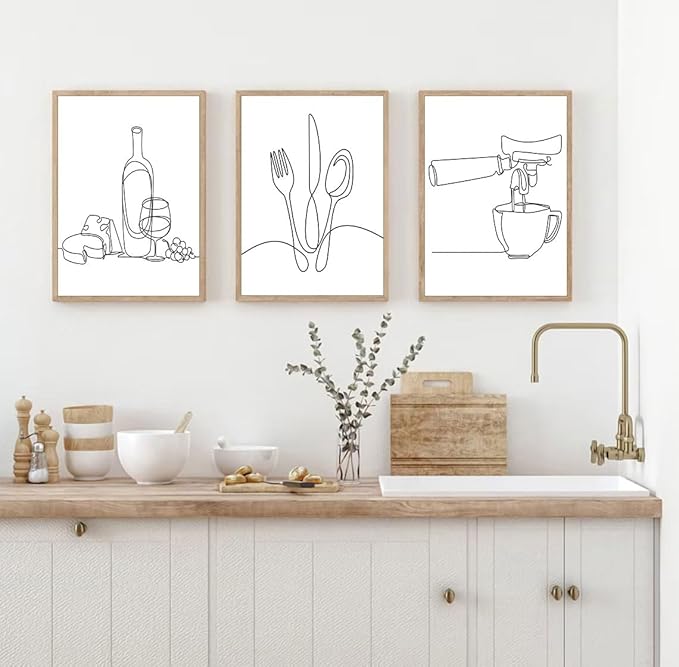 3Pcs Line Drawing Kitchen Wall Art, Modern Black White Minimalist Kitchen Abstract Line Art Posters Prints Dining Room Wall Decor Canvas Paintings Pictures Home Decoration, Unframed (line art, 16x24in