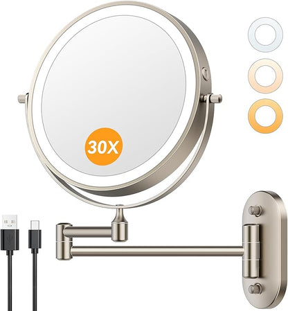 Auxmir 1X/30X Wall Mounted Lighted Makeup Mirror, 8" 3200 mAh Rechargeable Double-Sided Magnifying Mirror, Touch Dimmable 3 Color Lights, 360° Rotating Foldable 14.5" Extension Arm, Brushed Nickel