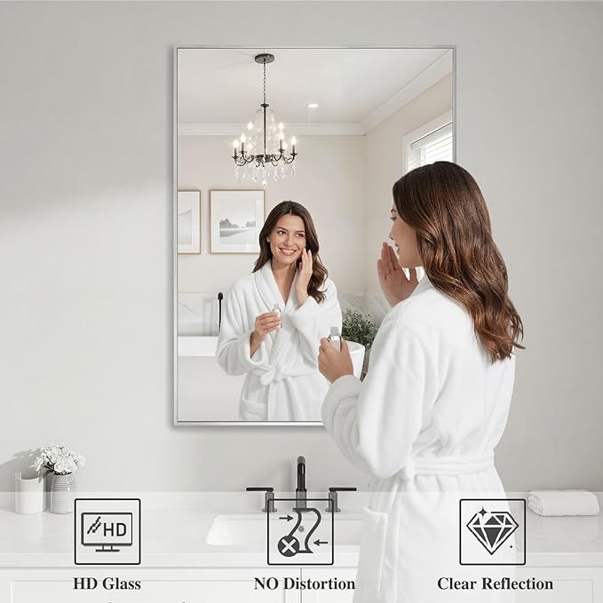 Koonmi Silver Rectangle Wall Mirror, 24x36 Inch Bathroom Mirror, Aluminum Frame Vanity Mirror for Entryway, Living Room, Bedroom Bathroom, Hangs Horizontally or Vertically