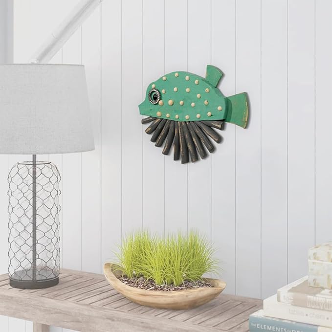 Driftwood Fish Nautical Wall Decor - 13"x 9" Handmade Wooden Rustic Coastal Wall Art for Living Room, Bedroom, Office, Bathroom - Ocean Beach Decoration (Nibbles)