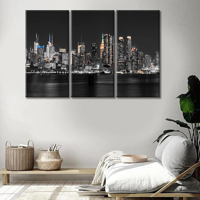 TUMOVO 3 Piece Wall Decor American Cityscape Canvas Paintings for Bedroom, Bathroom, Office. Manhattan Skyscrapers Skyline House Decor Print on Canvas Framed Ready to Hang (42" Wx28 H)