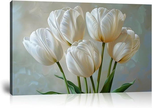 Flowers Wall Art White Tulips Bathroom Decor Modern Spring Floral Paintings Canvas Prints Artwork for Living Room Bedroom Home Decoration Framed