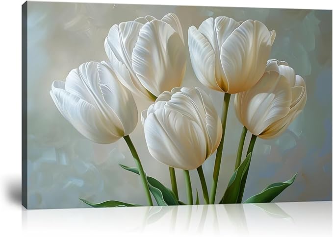Flowers Wall Art White Tulips Bathroom Decor Modern Spring Floral Paintings Canvas Prints Artwork for Living Room Bedroom Home Decoration Framed