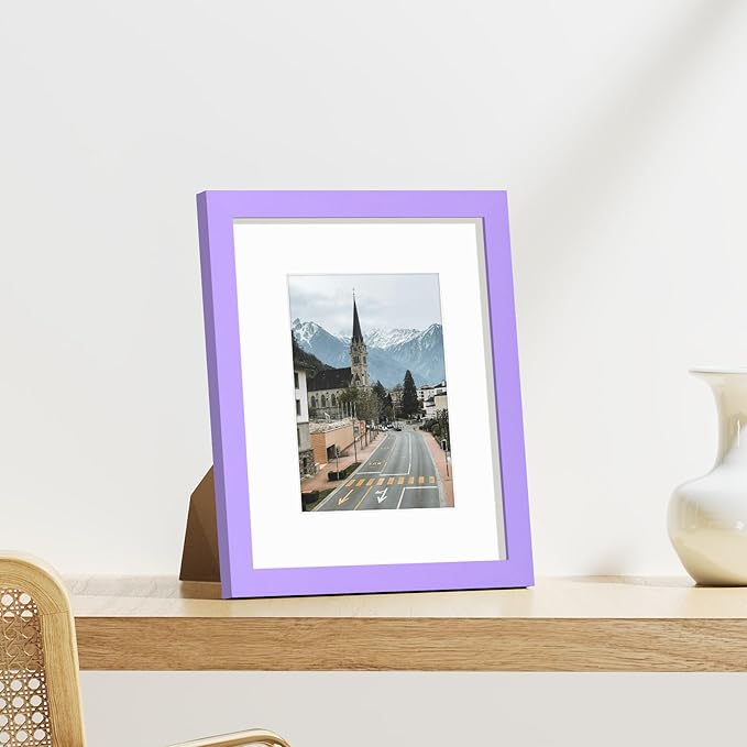 Vittanly 8x10 Picture Frames Set of 9, Shatter Resistant Plexiglass, Display 5x7 Pictures with Mat or 8x10 without Mat, Photo Frames for Wall or Tabletop, Engineered Wood, Purple