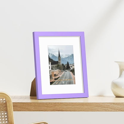 Vittanly 8x10 Picture Frames Set of 9, Shatter Resistant Plexiglass, Display 5x7 Pictures with Mat or 8x10 without Mat, Photo Frames for Wall or Tabletop, Engineered Wood, Purple