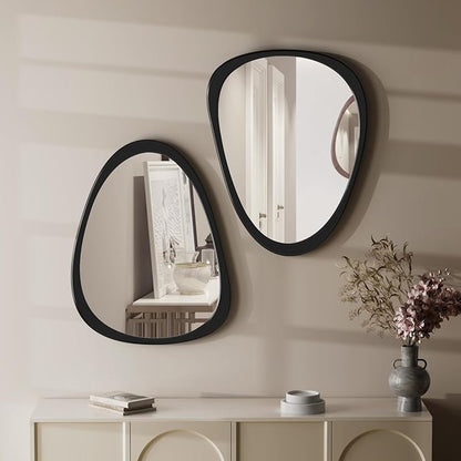 15" X 12" Irregular Wall Mirror, Black Wooden Framed Mirror, Asymmetrical Wall Mirror for Living Room Bedroom Bathroom Entryway, Small Modern Decorative Hanging Hook Style Mirror