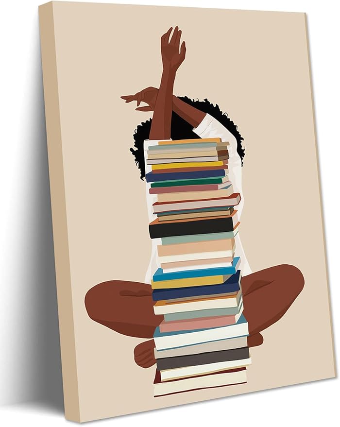 AKWISH Black Girl Canvas Wall Art – African American Wall Decor, Modern Black Woman with Book Art for Bedroom Living Room – Framed 36x24 inch