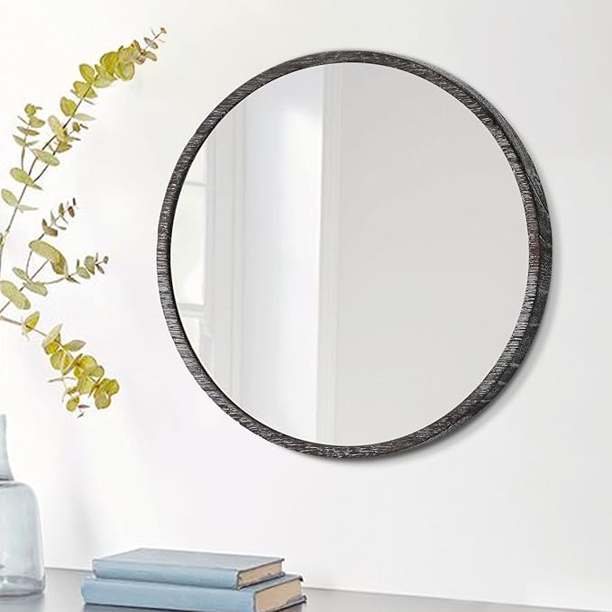 JJUUYOU Rustic Round Mirror, Hanging Wall Decorative Small Mirror Natural Wooden Farmhouse Frame with White Wash Edge for Bedroom, Bathroom or Dorm 23CM