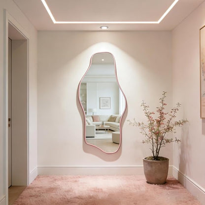 Irregular Mirror Full Length, 67"x31" Asymmetrical Tempered Glass Wall Mirror, Large Pink Organic Frameless Mirrors for Living Room Bedroom Hallway Entryway, Horizontal or Vertical Hanging