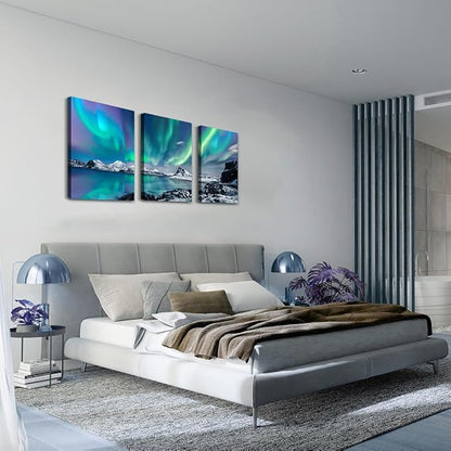 MHARTK66 Wall Art for Bedroom Wall Decor for Living Room Office Decor Abstract Mountain Aurora Landscape Painting 3 Piece Scenic Framed Canvas Art Prints Ready to Hang Kitchen Wall Pictures Home Decor