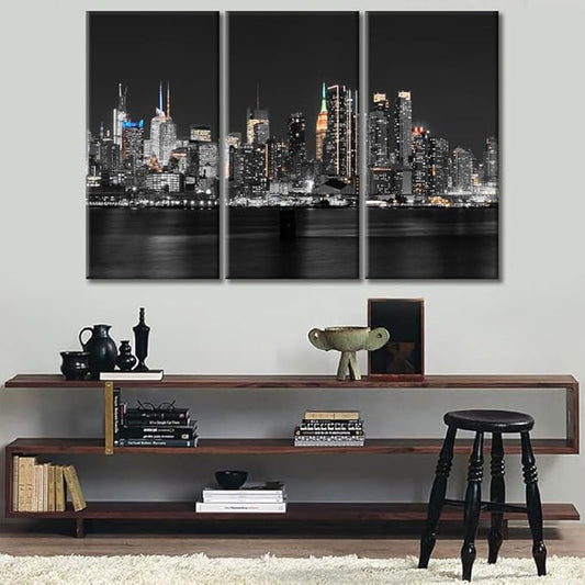 TUMOVO 3 Pieces Manhattan USA Skyline Canvas Paintings Office Decor Hudson River New York City NY USA Wall Decor City Skyline Wall Decor for Bedroom, Living Room.Ready to Hang (60" Wx40 H)