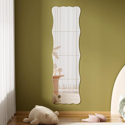 Wavy Shatterproof Full Length Wall Mirror Tiles, 47" x 14" (4 Pack 14" x 12"), Unbreakable Acrylic Safety Body Mirror for Kids, Baby, Toddler, Playroom, Dorm, Door & Gym, Frameless Non-Glass