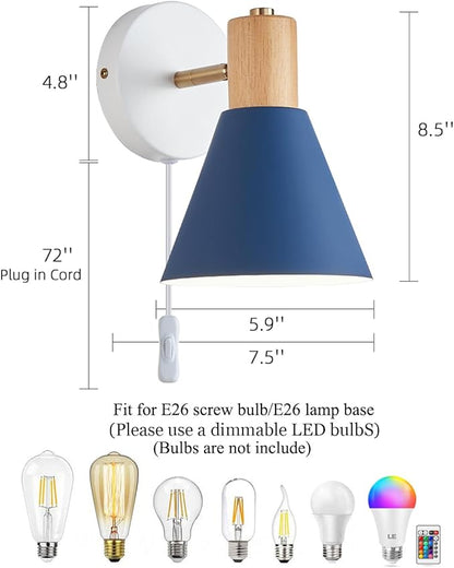 Plug in Wall Sconces Lighting Fixture Pack of 2, Wooden Adjustable Bedside Wall lamp for Industrial Bedroom, Living Room Bathroom Sink Lighting (2, Blue)