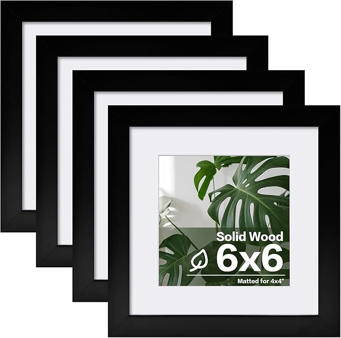 Egofine 6x6 Picture Frames Set of 4, Made of Solid Wood Covered by Plexiglass Display 4x4 with Mat or 6x6 without Mat, for Table Top Display and Wall Mounting Photo Frame, Black