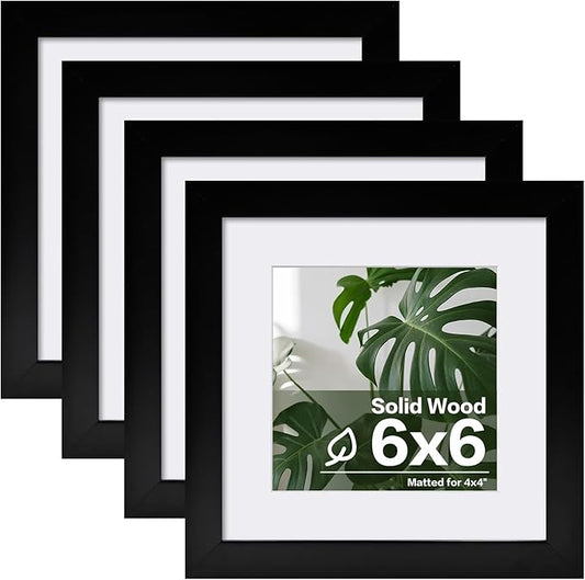 Egofine 6x6 Picture Frames Set of 4, Made of Solid Wood Covered by Plexiglass Display 4x4 with Mat or 6x6 without Mat, for Table Top Display and Wall Mounting Photo Frame, Black
