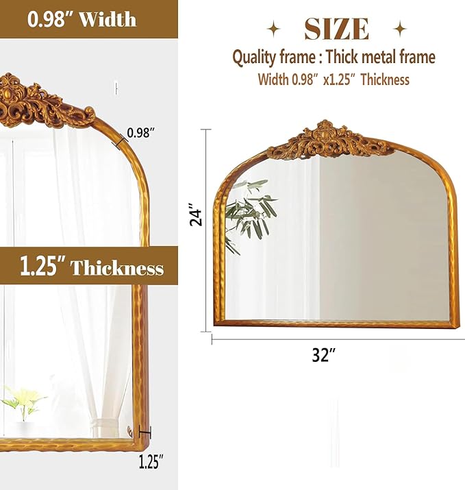 Antique Arched Gold Mirror 32"x24" - Vintage Baroque Wall Mirrors for Bathroom, Living Room, Entryway - Large Gleaming Gold Frame, French Ornate Mirror for Bedroom, Fireplace, Hallway,Dresser