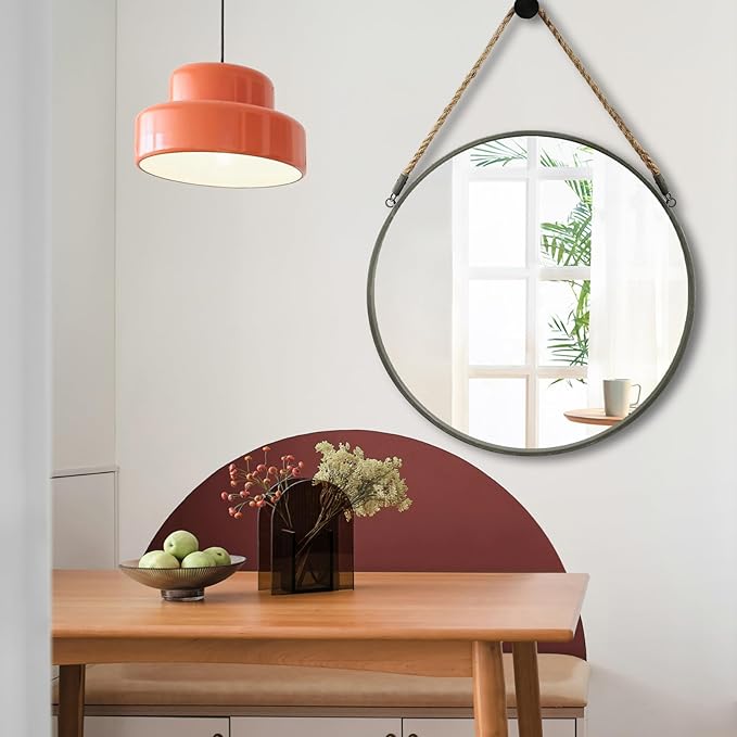 POZINO Round Mirror, 24 Inch Circle Wall Mirrors, Hanging Mirror with Rope, Farmhouse Mirrors for Bathroom Bedroom Living Room Entryway Home Decor, Grey