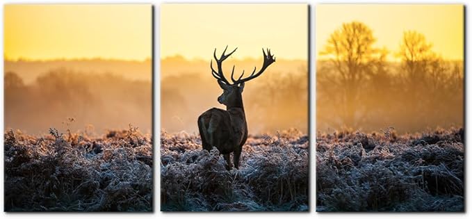 Pacimo Canvas Print Wall Art 3 Pieces Set Deer in Golden Light at Dawn Nature Wilderness Photography Realism Rustic Scenic Relax/Calm Multicolor for Living Room Bedroom Office Decor - 20"x28"x3 Panels