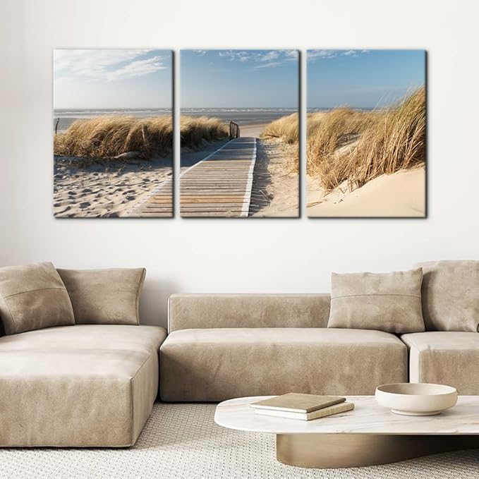 Pacimo Coastal Beach Wall Art - Pathway to Shoreline Painting on Canvas for Home Wall Decor - Oceanside Sea Grass Modern Artwork Prints on Canvas - Framed and Ready to Hang - 20"x28" - 3 Panel